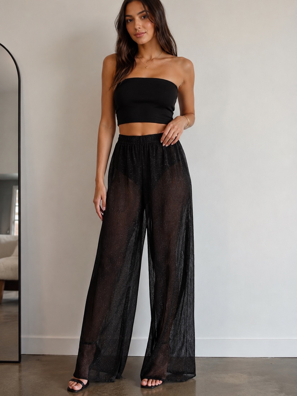 Gorgeous Black Wide-Leg Sheer Sparkle Pants